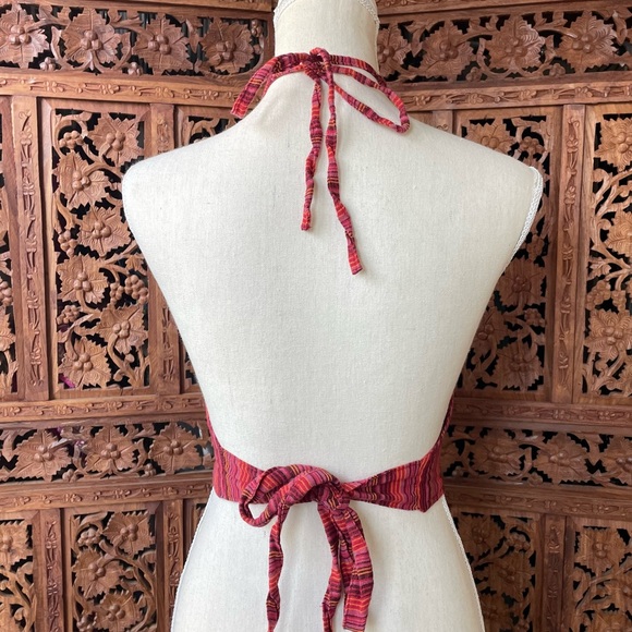 Vintage Coachella Embroidered Striped Red Halter Crop Top Sun & Floral Motif - Picture 7 of 9